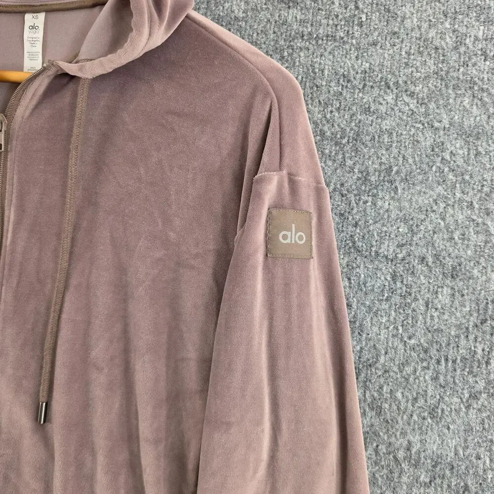 Alo Yoga Hoodie Women XS Velour Glimmer Full Zip Brown Yoga Gym Athleisure Chic